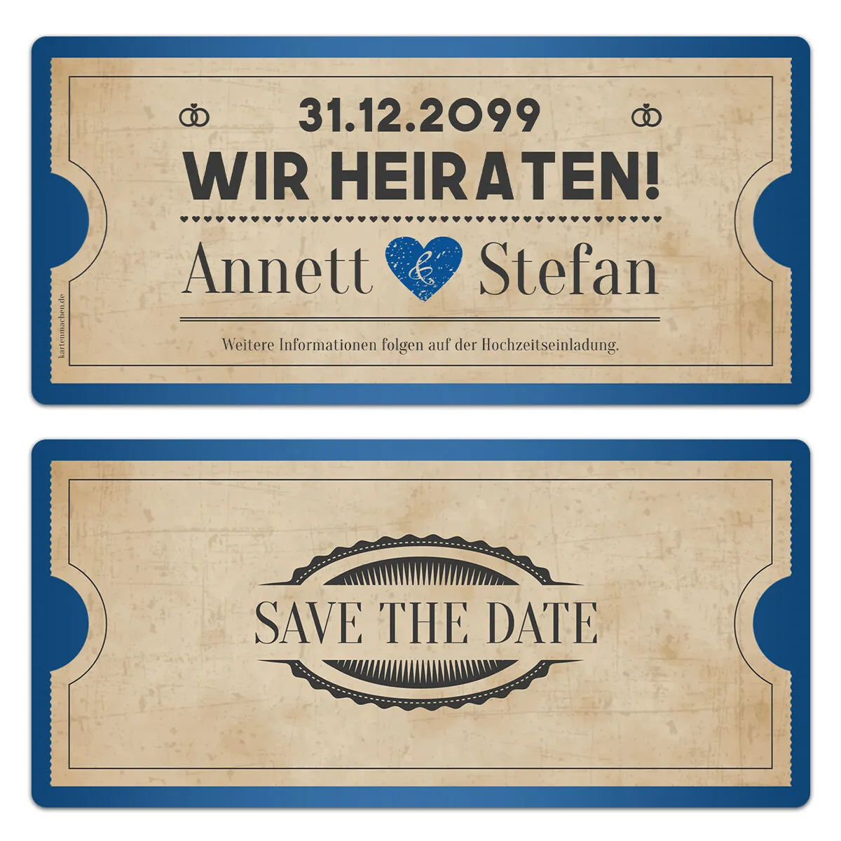 Save the Date Karten zur Hochzeit - Vintage Herz in Blau