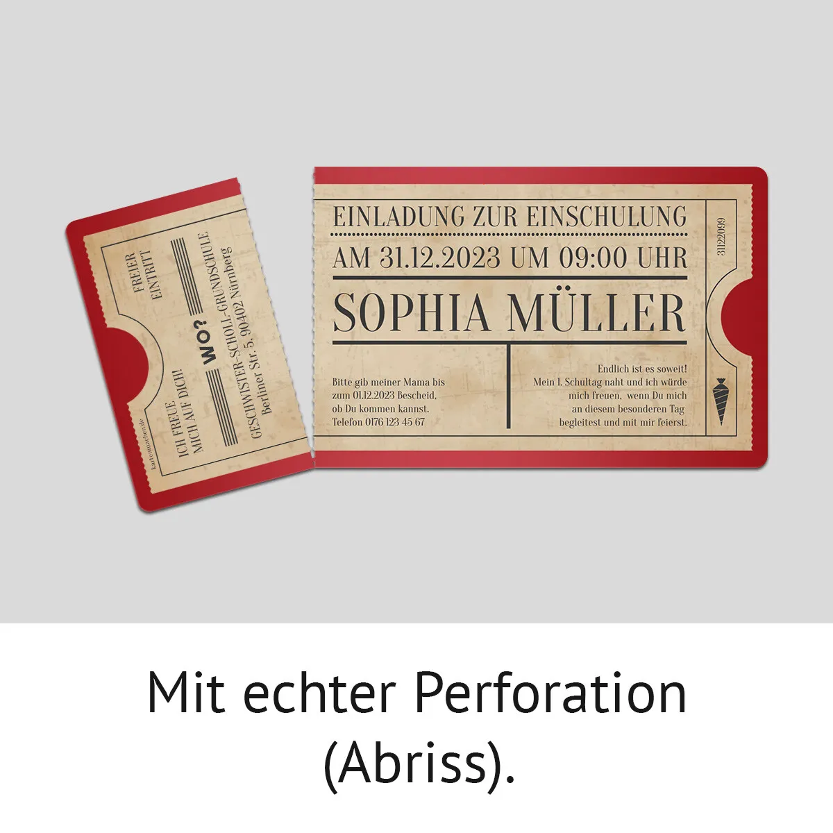 Einladungskarten zur Einschulung mit Abriss  - Vintage in Rot