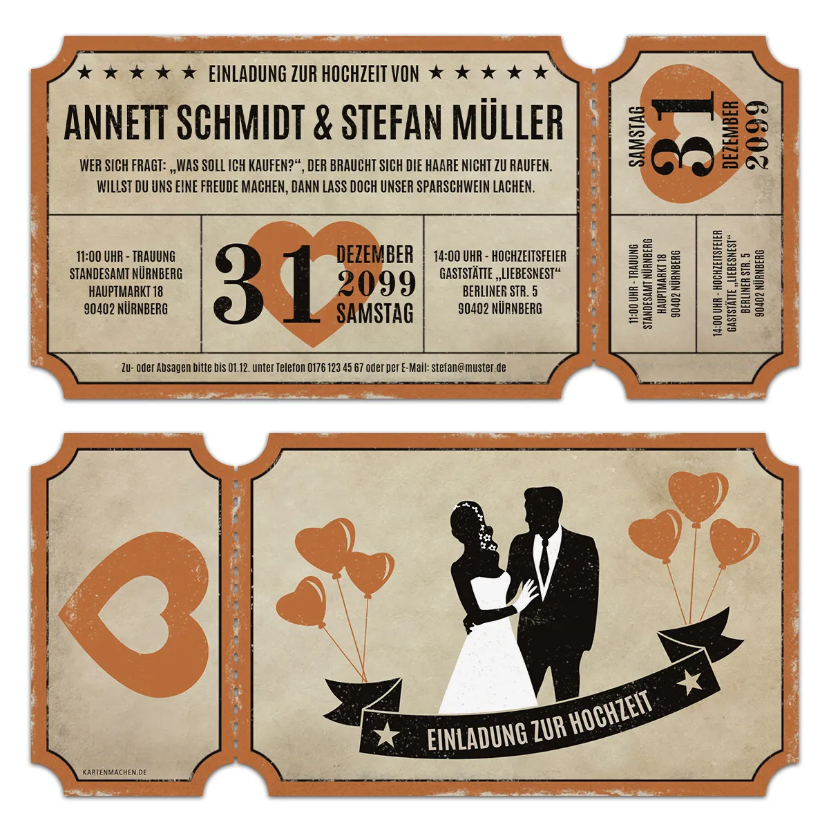 Lasergeschnittene Hochzeitseinladungen - Vintage Ticket Luftballons