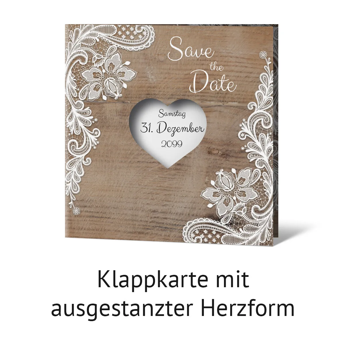 Lasergeschnittene Save the Date Karten - Rustikal mit weißer Spitze